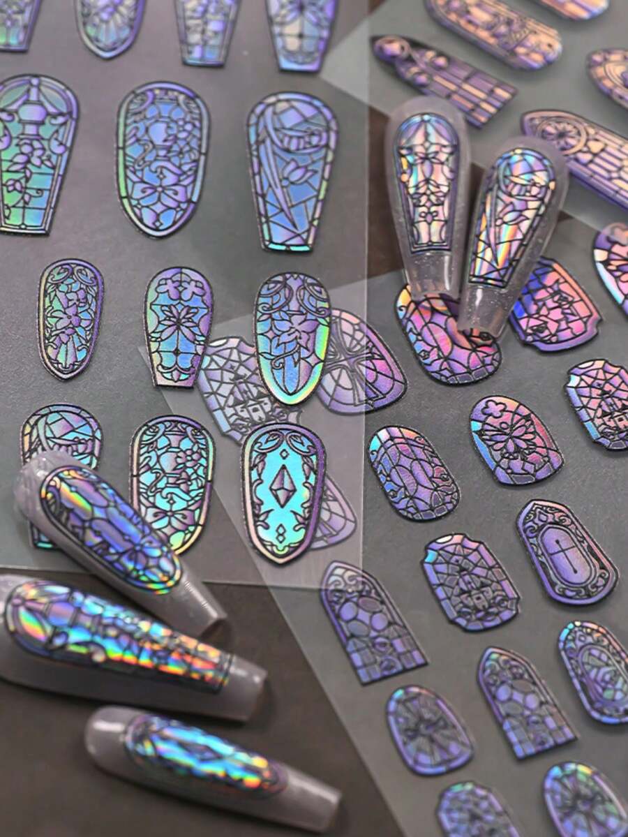 1 Set Gothic Stained Glass Sticker, Holographic Iridescent Decal, Vintage Medieval Church Window Pattern, Scrapbook Sticker, For Nail Art, Camera, Cup, Electronic Device Decoration - Gothic Window Decals - View 1