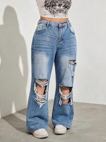 Plus Size Casual Daily Denim Jeans With Pockets And Buttons, Distressed High Waist Design, Suitable For Women's Autumn Fashion, Disco And Party Wear - Blue - View 4