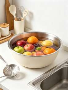 Cream White Stainless Steel Salad Bowl, Deep Cooking Basin, Thickened Mixing Bowl. Matte Cream White Exterior With Brushed Stainless Steel Interior, Rounded Rim For Handling. Large Capacity Deep Basin Design, Easy To Mix Salad Without Spilling, Also Suitable For Baking, Marinating, Fruit And Vegetable Washing. Sturdy And Durable Body, Smooth Interior, Easy To Clean With Water. Simple And Elegant Appearance, Perfect For Kitchen Prep Or Serving Light Meals Directly On The Table To Create A Fresh Dining Atmosphere. 1pc/3pcs - Cream - View 9