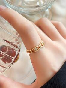 1pc Luxury Double Line Floral Cubic Zirconia Open Women's Ring, Fashion Exquisite Hollow Adjustable Ring For Party Wedding Daily Gift Accessories - Gold - View 4