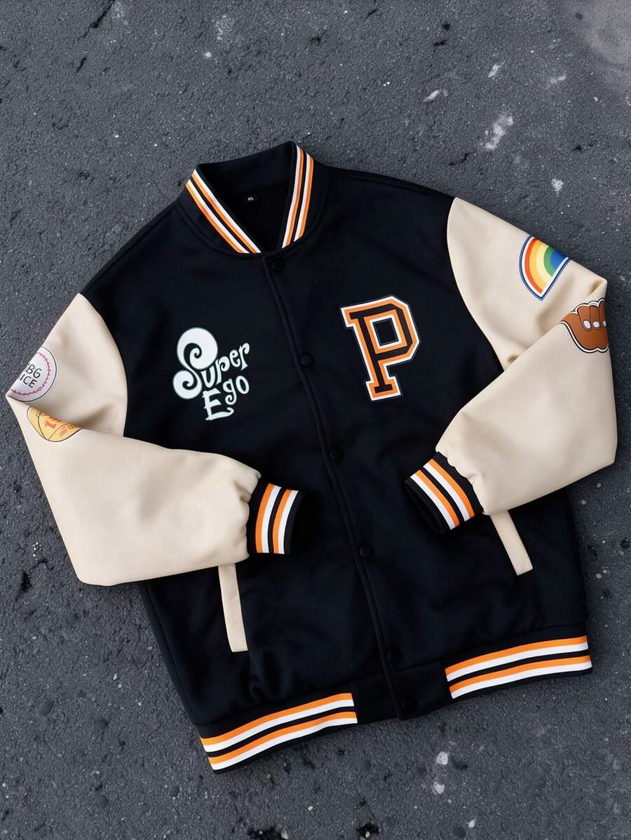 1 buah Jaket Pria Hitam Musim Semi/Gugur, Desain Cetak Huruf Multi-Elemen, Kain Rajut Lembut & Nyaman, Anti-Pilling, Anti-Kerut, Tahan Lama, Tahan Aus, Gaya Hip-Hop Jalanan, Untuk Perjalanan Sehari-hari, Jaket Kasual Serbaguna - Hitam - View 1
