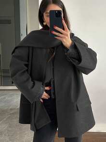 1pc Women's Fashionable & Versatile Solid Color Ribbed Pocket Front Button Jacket (Including Scarf) - Grey - View 3