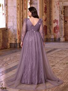 Plus Size Fall Winter Elegant Beaded Rhinestone Embellished Lace Tulle A-Line Maxi Dress, V-Neck Sheer Long Sleeve Sweep Train Gown For Party Wedding - Dusty Pink - View 3