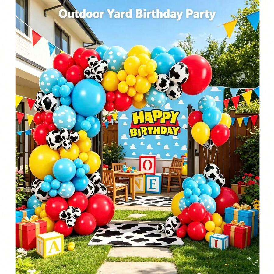 Children's Cartoon Balloon Garland Set, Red Yellow Blue Cow Print Foil Balloons, Kids Cartoon Theme Birthday Party Decoration - Playful - View 1