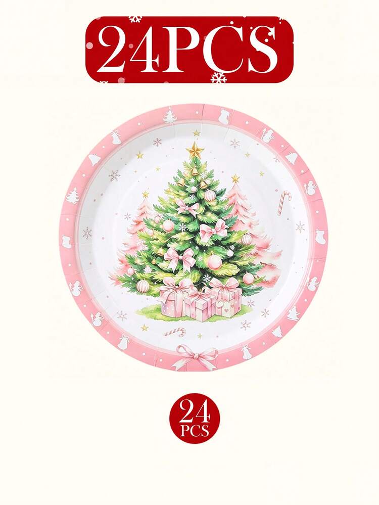 120件組聖誕一次性紙製餐具套裝，包含7英吋與9英吋盤子、杯子、餐巾紙與吸管；粉色與綠色聖誕樹、禮物盒蝴蝶結與裝飾圖案設計，適用於聖誕派對、節日晚餐、冬季慶祝與粉色主題節日餐桌佈置 - 多色1 - 查看 12