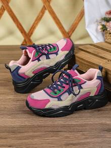 Women's Dopamine-Inspired Sneakers, Lace-Up, Durable, Wedge-Heeled Chunky Sneakers, Perfect For Campus, Parties, And Get-Togethers - Rose Pink Blue Black Background - View 5