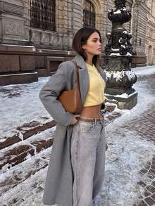 Women's Fashion Grey Tweed Mid-Length Coat With Pointed Collar And Long Regular Sleeves, Suitable For Autumn Fashion Outfits - Grey - View 3