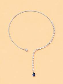 outingfit 1pc Elegant Rhinestone Open Collar Necklace, Blue Teardrop Pendant Women's Neck Accessory, Suitable For Wedding, Party And Evening Banquet - Water Drop - View 8