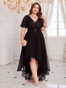 XUCTHHC Plus Size V-Neck Ruffle Sleeve Sequin High-Low Hem Mesh Skirt Black Party Evening Dress, Elegant Formal Ball Gown, Cocktail Dress, Wedding Guest Dress, Autumn/Winter - Black - View 4