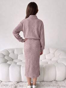 Tween Girl Solid Color High Neck Dropped Shoulder Long Sleeve Ruched Casual Dress - Pink - View 3