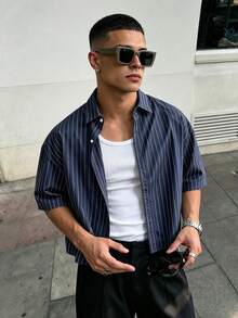 WAIT HIM Men's Vintage Vertical Striped Short Sleeve Shirt, Spring/Summer Lightweight Breathable Loose Fit Button-Up Shirt, Casual Silhouette Shirt, Resort Wear - Navy Blue - View 1