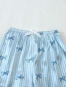 2 Pieces Satin Striped Bow Pajama Set, Sweet And Cute Lapel Button Long Sleeve Top And Pants, Women's Sleepwear And Loungewear Suitable For Home Use - Blue - View 7