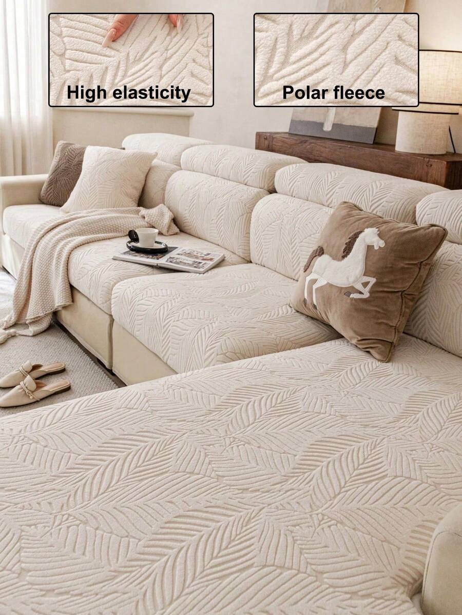 1pc Fleece Solid Color Sofa Cover, Elastic Stretch Fit, Comfortable Minimalist INS Style, Pet-Friendly Anti-Slip Anti-Stain, Machine Washable, All-Season Use, Suitable For L-Shaped 1/2/3/4 Seater Sofa In Living Room, Bedroom, Study - Beige - View 1