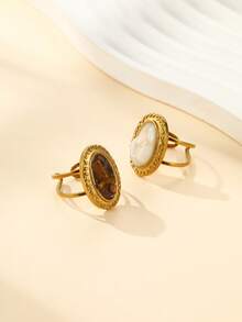2pcs Stainless Steel Vintage Oval Tiger Eye Stone, White Shell Natural Stone Open Ring 18K Gold Plated Stainless Steel Double Ring Design Women's Personalized Daily Party Decorative Finger Ring, Adjustable Size - Yellow Gold - View 5