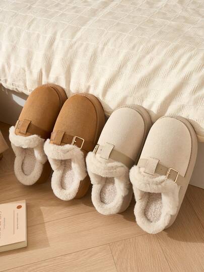 Unisex Faux Suede Upper Warm Slippers For Autumn/Winter, Thermal Lined Thick Sole Wearable Fuzzy Slippers, Buckle Decor Fashionable Warm Home Slippers