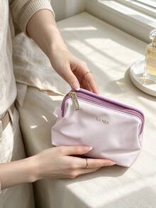 La Mer LAMER Light Pink Trapezoid Cosmetic Pouch, Zipper Makeup Storage Bag, Portable Travel Toiletry Organizer Gift Bag - Baby Pink - View 4