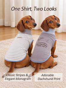 1pc Reversible Mini Dachshund Pet Pajamas, Cute Sausage Dog Cartoon Striped Print, Soft Elastic Warm Pet , Suitable For Mini And Standard Dackel Teckel Dogs - Dusty Blue - View 3
