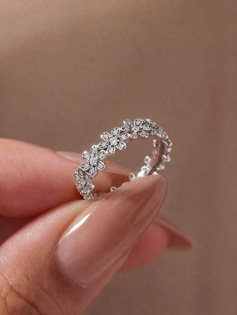 1pc Rhinestone Flower Ring, Embellished With Diamonds, Suitable For Women And Girls, Can Be Used As Wedding Ring, Promise Ring, Eternity Ring - Full Of Diamond Flowers - View 1