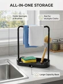 2pcs Kitchen Sink Organizer Rack With Dish Cloth Hanging Bar And Water Tray, Black Sponge Holder For Countertop, Dish Cloth Drying Rack For Kitchen Organization, Plastic Dish Cloth Drying Rack With Drainage Tray, Double Layer Kitchen Sink Organizer And Sponge Rack, Countertop Storage Rack For Dish Cloth And Small Kitchen Storage, Also Suitable For Storage, Outdoor Garden Decoration, Fan Decoration, Room Decoration - Multicolor - View 5