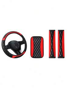 4/8/13pcs Double Stitch Quilted PU Leather Car Seat Covers, Includes Leather Steering Wheel Cover, Armrest Pad And Shoulder Pad, Car Interior Accessories - Multicolor - View 11