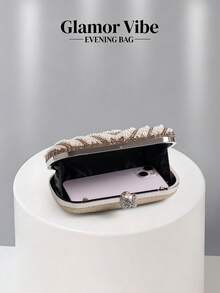 Elegant Pearl & Rhinestone Spiral Pattern Evening Clutch, Pearl Buckle Handbag - Champagne - View 5