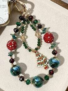 1pc Christmas Contrast Color Beaded Hanging Chain Christmas Tree Phone Charm Bag Pendant - Multicolor - View 3