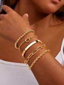 5pcs Set Of Elegant Adjustable Stacking Bracelets And Bangles, Minimalist And Fashionable For Women - Gold 5-pack - View 3