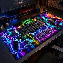 Neon Gamer Extended Mouse Pads, Colorful Game Controller, Headset And Gaming Computer Print, Smooth Fabric Surface Desk Mats For PC Gaming, Keyboard, Office And Teen Room, 4 Sizes Available - View 2
