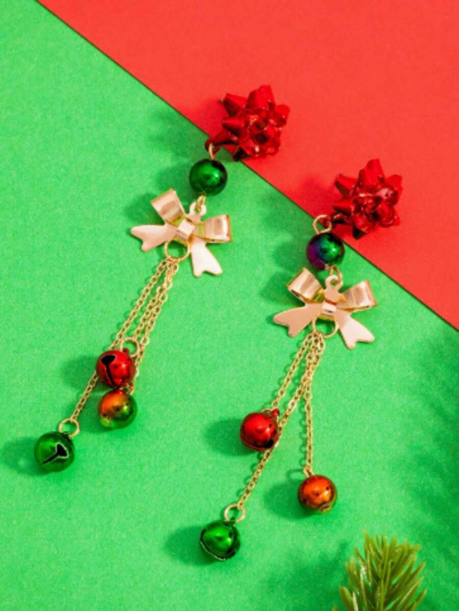 1pc Christmas Holiday Accessory Red & Green Contrast Color Gift Box Star Tassel Earrings Party Atmosphere Theme - Multicolor - View 1
