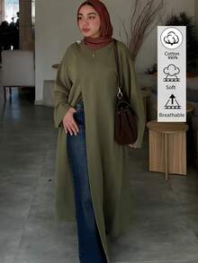 Women's Round Neck Long Sleeve Overlap Split Metal Decor Pure Cotton Long Elegant Outerwear Shirt Robe, Autumn/Winter - Army Green - View 1