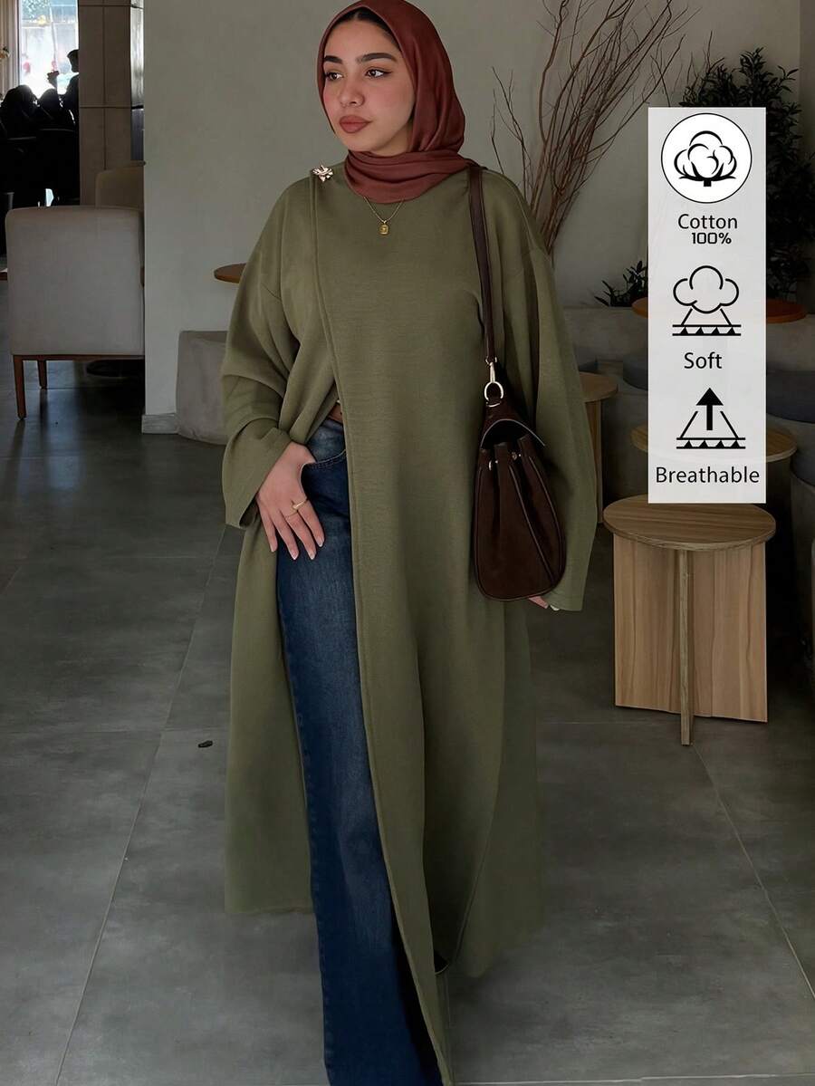 Women's Round Neck Long Sleeve Overlap Split Metal Decor Pure Cotton Long Elegant Outerwear Shirt Robe, Autumn/Winter - Army Green - View 1