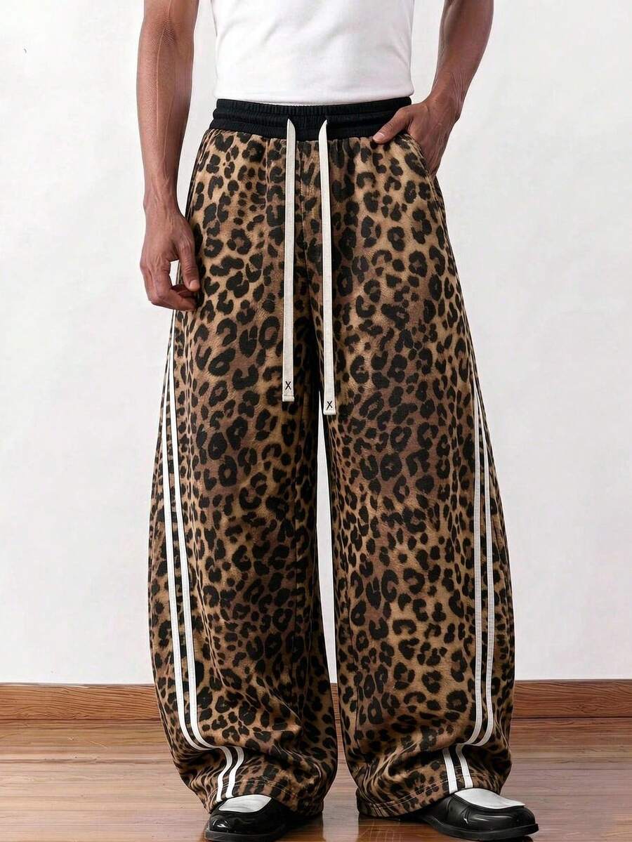 American Vintage Wild Leopard Print Side Double White Stripe Wide Leg Pants, Drape Long Casual Trousers With Elastic Drawstring Waist, Adjustable, Fashionable And Comfortable - Light Grey - View 1