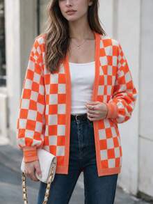 Women's V-Neck Checkerboard Print Knit Cardigan, Front Open Dropped Shoulder Long Sleeve Casual Mid-Length Cardigan - Multicolor - View 3