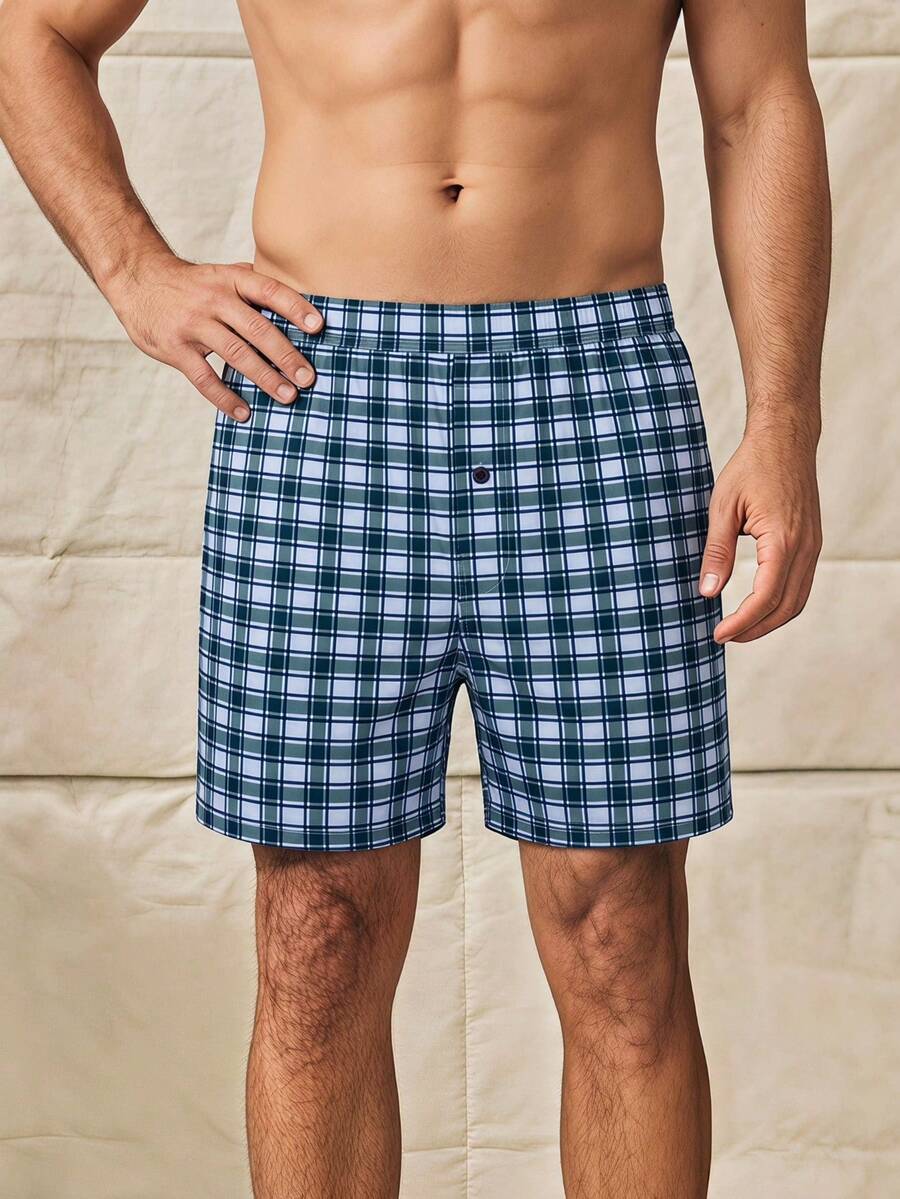 Norleigh 3pcs/Pack Men's Underwear, Polyester Fabric, Soft Plaid Pattern Design, Loose Shorts Style, With Button Fly, Suitable For Daily Wear