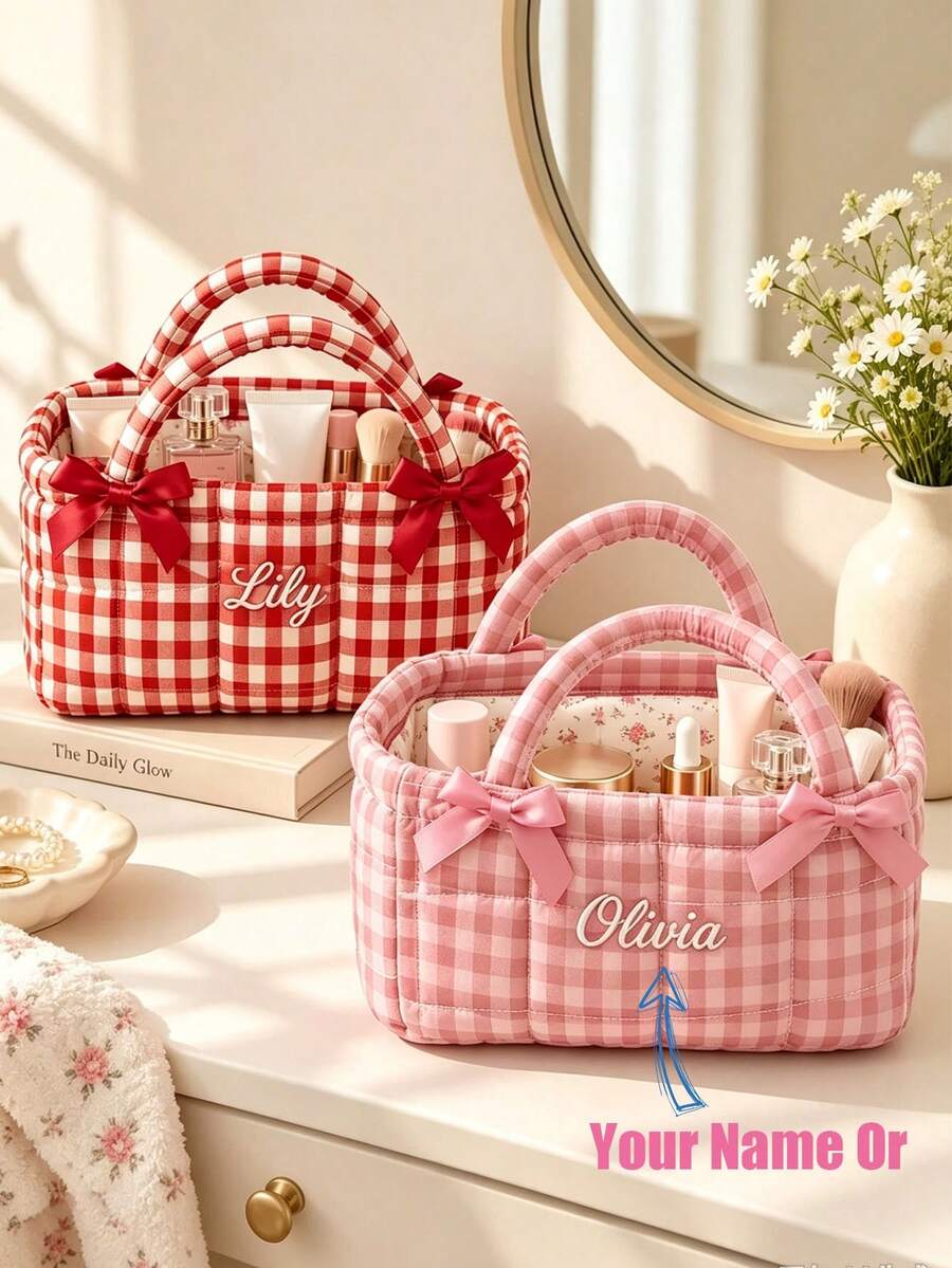 1 giỏ đựng mỹ phẩm cá nhân hóa in tên tùy chỉnh, giỏ đựng mỹ phẩm chần bông họa tiết kẻ caro, quà tặng làm đẹp cho bé gái - Một cỡ - Xem 1