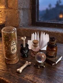 Mini Witch Scene Potion Bottle And Magic Book Decor Set, Fantasy Apothecary Style Desktop Miniature Display, Dollhouse Gothic Alchemist Style Collectible - one-size - View 5