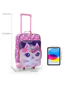 Girs Wheeled Suitcase, Pink Double-Sided Cartoon Kitty Cat Sequins Design, Carry-On Suitcase, Suitable For Weekend Vacation, Nighttime Reflective. - Pink - View 5