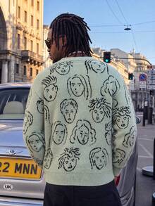 BLACKTOEXIT American Street Style Men's Crew Neck Sweater, Hand-Painted Portrait All-Over Print Jacquard, Loose Drop Shoulder Casual Knit Pullover - Green - View 4