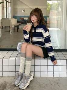 Sweater Polo Rajut Bergaris, Pullover Biru Tua Lengan Panjang, Trim Bergaris, Potongan Longgar, Pakaian Kasual Sehari-hari Gaya Preppy Musim Gugur/Musim Dingin untuk Wanita - Navy Blue - View 3