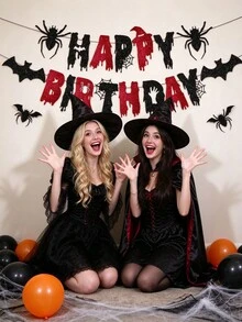 Red Black Glitter Birthday Banner - Halloween Bat Spider Happy Birthday Party Decorations For Themed Party Decor - Multicolor - View 7