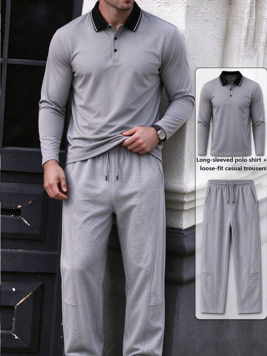 2pcs Core Style Men's Long Sleeve Polo Shirt & Wide Leg Pants Set, Casual Two Pieces Outfit, Suitable For All Seasons, Golf Scenarios, - Light Grey - View 1