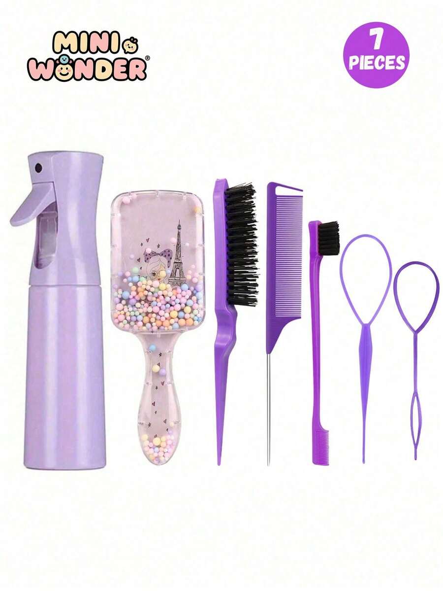 7pcs/1set Children's Cute Cartoon Square Comb & Spray Bottle Set, Cartoon Eiffel Tower Print Anti-Static Plastic Comb, Portable Pattern Hair Pin, High-Pressure Atomizing Spray Bottle, Suitable For Children, Normal Hair, Durable ABS Handle, Cute Square Design, Hair Styling Tool Set
