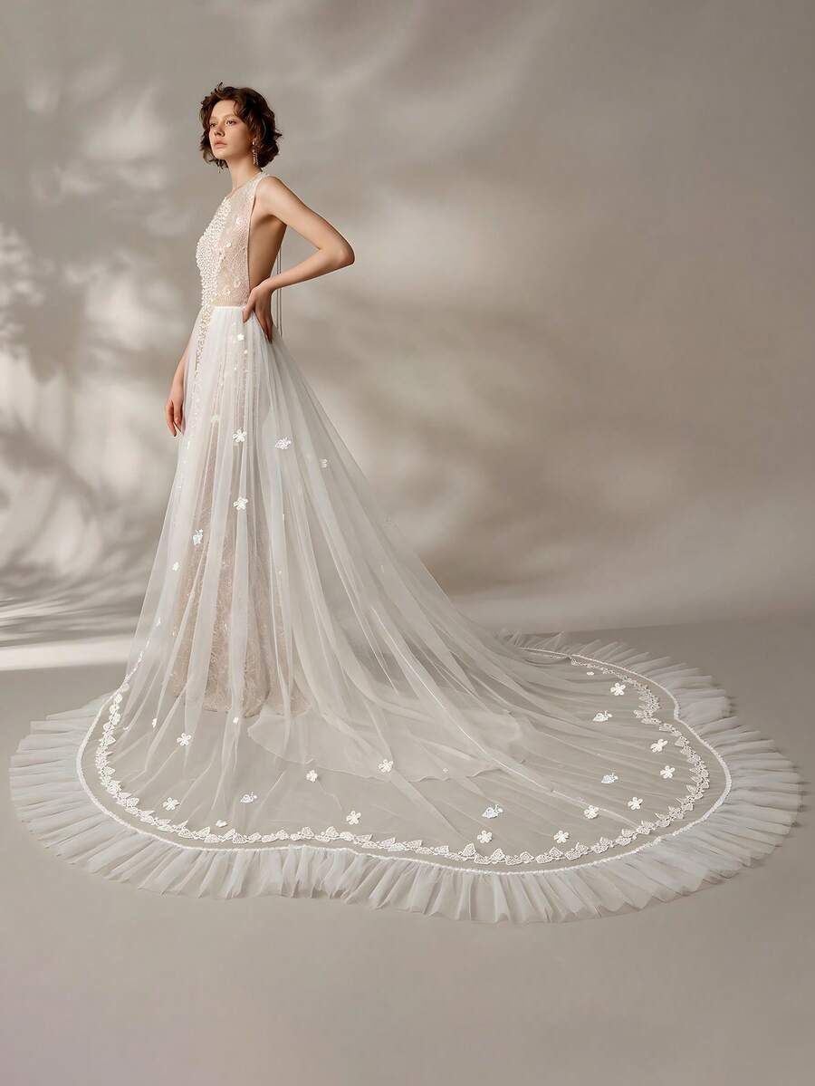 1 Piece Long Leaf‑Floral Applique Lace Ruffle Train Tulle Over‑Skirt, Flowy Ruffle Sheer Overlay For Church Wedding Bridal Styling