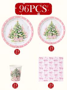 120PCS Christmas Disposable Paper Tableware Set, Includes 7-Inch And 9-Inch Plates, Cups, Napkins And Straws; Featuring Pink And Green Christmas Tree, Gift Box Bow And Decorative Pattern Design, Suitable For Christmas Party, Holiday Dinner, Winter Celebration And Pink-Themed Holiday Table Decor. - Multi-color 1 - View 11