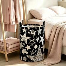 Black Storage Bin With Silver Star Pattern, Foldable Laundry Basket With Handle, Suitable For Teen Boys' Bedroom Toy And Dirty Clothes Storage - Black - View 5