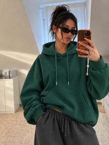 Women's Loose Drawstring Pocket Sweatshirt, Long Sleeve Pullover Sweatshirt, Suitable For Autumn/Winter Wear - Green - View 1