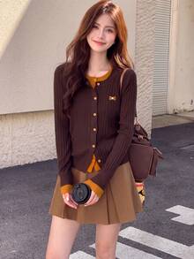 Women's Casual Cute Contrast Color 2 In 1 Knitted Cardigan Sweater Jacket, Autumn/Winter Fall - Coffee Brown - View 1