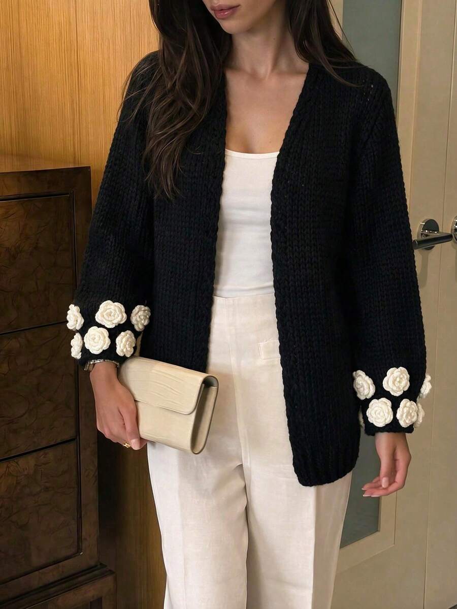 Autumn/Winter New Lazy Style Open Front Loose Fit Dropped Shoulder Long Sleeve Sweater With Handmade Crochet 3D Floral Decor, All-Match Casual Versatile For Holidays And Commuting, Women's