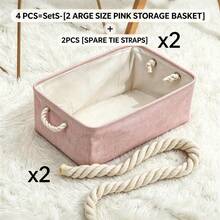 1pc/2pcs Mixed Set (A Pink Storage Basket Is Main Product, B Spare Strap Is Accessory) Pink Foldable Desktop Storage Basket, Large Capacity Linen Handle Basket, Suitable For Bookshelf Storage, Closet Organization, Toys, Sundries, Stationery, Home Decor. - Pink - View 12