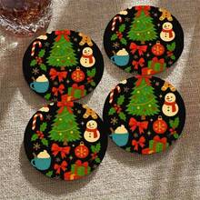 2D Flat, 4 Round Wooden Coasters, Holiday Snowman And Christmas Tree Coasters, Round Wooden Beverage Coasters With Snowman, Tree, Gift And Snowflake Designs, Red And Green Holiday Table Decor, Housewarming Gift, Christmas Coasters, Seasonal Tableware, Decorative Coasters - View 1